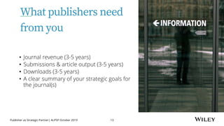 Publisher as Strategic Partner| ALPSP October 2019 13
What publishers need
from you
• Journal revenue (3-5 years)
• Submis...