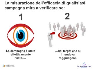 © comScore, Inc.
Proprietary. 9
La misurazione dell’efficacia di qualisiasi
campagna mira a verificare se:
La campagna è stata
effettivamente
vista….
…dal target che si
intendeva
raggiungere.
1 2
 