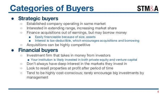 Categories of Buyers
● Strategic buyers
○ Established company operating in same market
○ Interested in extending range, in...