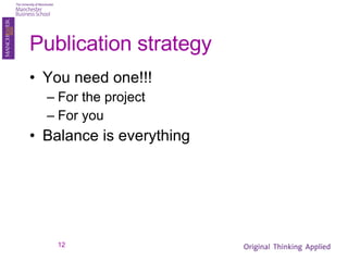 Publication strategy You need one!!! For the project For you Balance is everything 