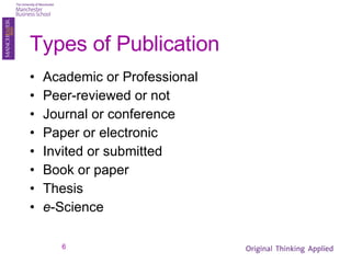 Types of Publication Academic or Professional  Peer-reviewed or not Journal or conference Paper or electronic Invited or submitted Book or paper Thesis e -Science 
