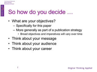 So how do you decide … What are your objectives? Specifically for this paper More generally as part of a publication strategy Broad objectives and imperatives will vary over time Think about your message Think about your audience Think about your career 
