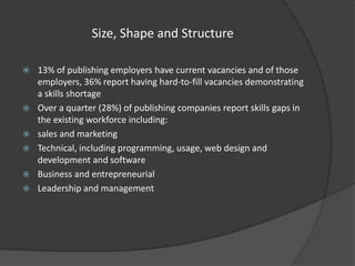 Size, Shape and Structure








13% of publishing employers have current vacancies and of those
employers, 36% report having hard-to-fill vacancies demonstrating
a skills shortage
Over a quarter (28%) of publishing companies report skills gaps in
the existing workforce including:
sales and marketing
Technical, including programming, usage, web design and
development and software
Business and entrepreneurial
Leadership and management

 