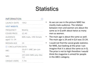 Statistics
•

•
•

As we can see in the picture NME has
mostly male audience. The relation
between men and women are about the
same as in Q with about twice as many
men as women.
The main age is about the same as well.
The main age is 24 and in Q it was 15-24.
I could not find the social grade statistics
for NME, but looking at the prize I can
imagine that it is about the same as in Q.
The prize is not to high therefore I would
think the magazine is aimed for people
in the ABC1 category.

 