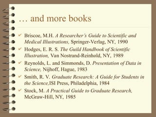 … and more books
 Briscoe, M.H. A Researcher’s Guide to Scientific and
Medical Illustrations, Springer-Verlag, NY, 1990
 Hodges, E. R. S. The Guild Handbook of Scientific
Illustration, Van Nostrand-Reinhold, NY, 1989
 Reynolds, L. and Simmonds, D. Presentation of Data in
Science, Nijhoff, Hague, 1983
 Smith, R. V. Graduate Research: A Guide for Students in
the Science,ISI Press, Philadelphia, 1984
 Stock, M. A Practical Guide to Graduate Research,
McGraw-Hill, NY, 1985
 