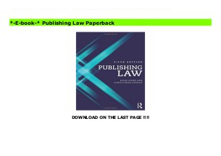 DOWNLOAD ON THE LAST PAGE !!!!
Publishing Law is an authoritative and engaging guide to a wide range of legal issues affecting publishing today.Hugh Jones and Christopher Benson present readers with clear and accessible guidance to the complex legal areas specific to the ever evolving world of contemporary publishing, including copyright, moral rights, contracts and licensing, privacy, confidentiality, defamation, infringement and trademarks, with analysis of legal issues relating to sales, advertising, marketing, distribution and competition.This new fifth edition presents updated coverage of the key principles of copyright, as well as new copyright exceptions, licensing and open access. There is also further in-depth coverage of the legal issues around the sale of digital content.Key features of the fifth edition include:updated coverage of EU and UK copyright, including a new chapter on copyright exceptions following the significant changes in the 2014 Regulations Comprehensive coverage of publishing contracts with authors, as well as with other providers, including translators, contributors and contracts for subsidiary rights up to date coverage of the Defamation Act 2013, and other changes to EU and UK legislation exploration of the legal issues relating to digital publishing, including eBook and other electronic agreements, data protection and online issues in relation to privacy, and copyright infringement a range of summary checklists on key issues, ranging from copyright ownership to promotion and data protection useful appendices offering an A to Z glossary of legal terms and lists of useful address and further reading. Read Publishing Law News
*-E-book-* Publishing Law Paperback
 