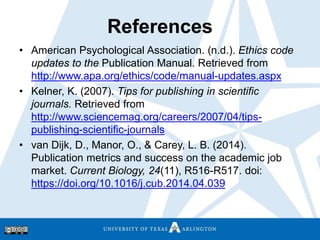 References
• American Psychological Association. (n.d.). Ethics code
updates to the Publication Manual. Retrieved from
htt...