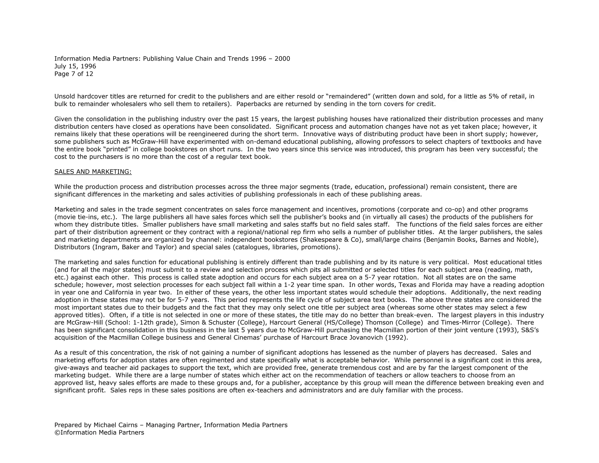 Publishing Value Chain & Trends 1996 2000