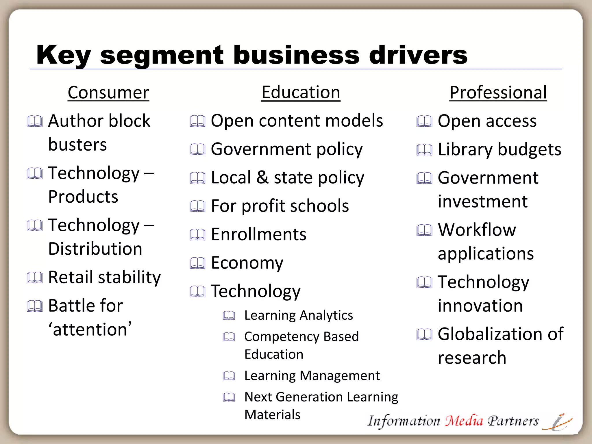 Global trends
 Digital growth has returned global consumer
books revenue to expansion beginning in 2013
 Educational publishers continue to invest heavily
in digital publishing
 China, India, markets expected to enter era of
fast, expansive growth in next five years with
global impact
 Consumer, Professional and Education market
continues to be significantly concentrated and
siloed
 