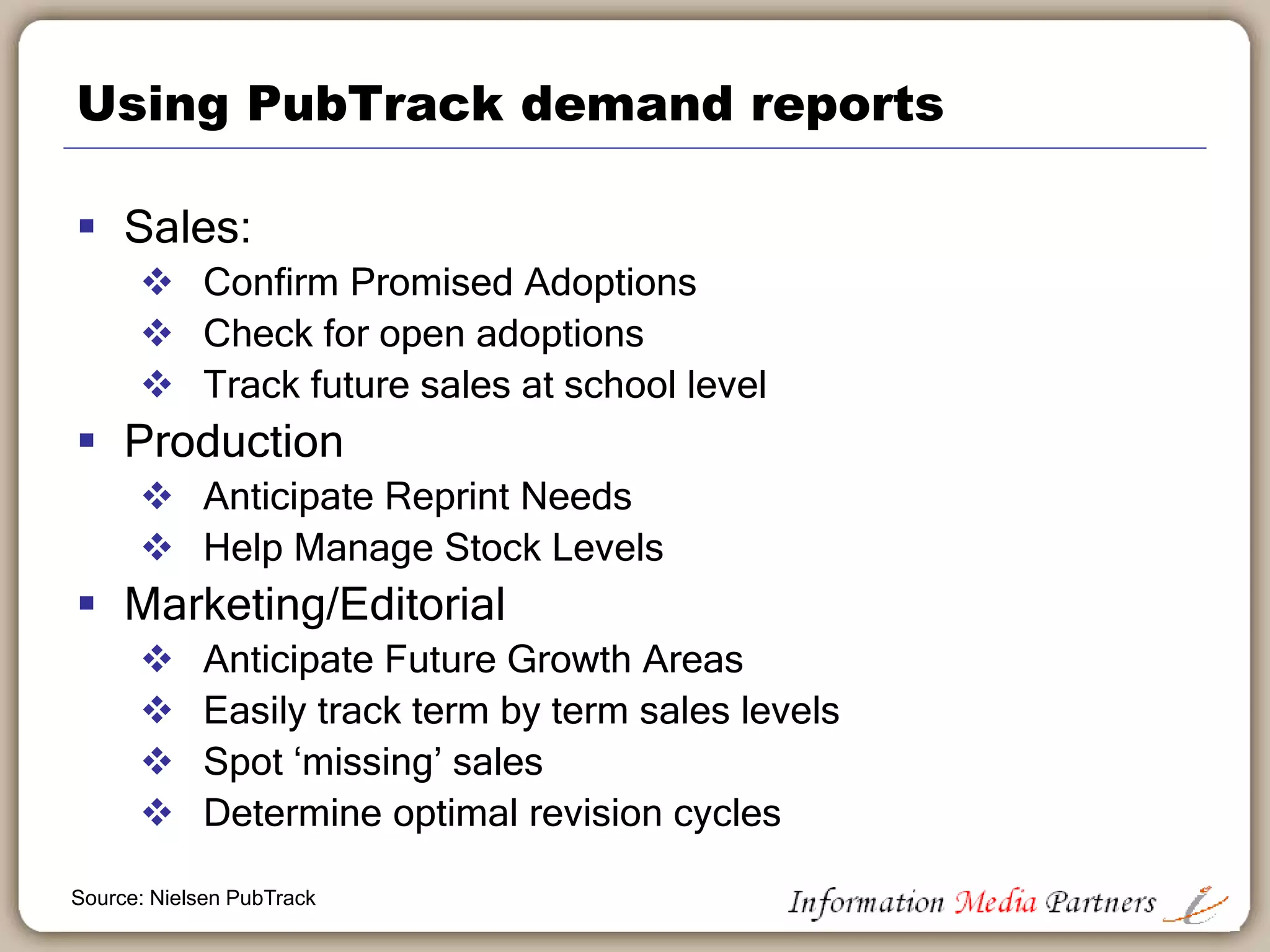 Adoption report for targeted sales activities
Source: Nielsen PubTrack
 
