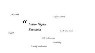 “Indian Higher
Education
Open Content
LABs and Tools
T10KT
SWAYAM
CoE on Campus
Printing on Demand
eLearning
 