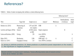 References?
Recent article! N. Onodera and F. Yoshikane, “Factors affecting citation rates of research articles,”
J. Assoc. Inf. Sci. Technol. Jun. 2014.
A: strong or definite predictor; B: Weak predictor or predictive power dependent on the model;
C: Not significant or negative predictor
 