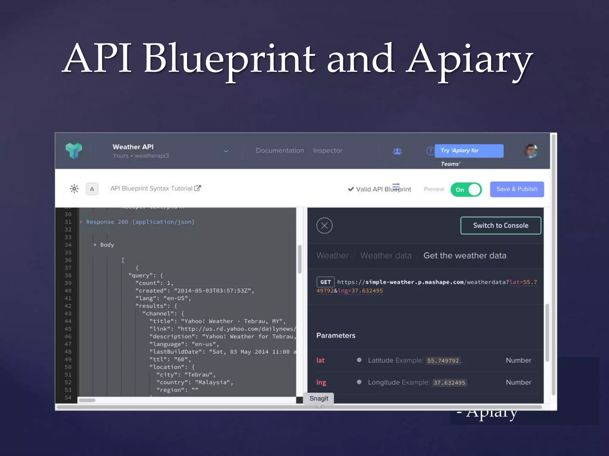 API Blueprint and Apiary
- Mulesoft
- Apigee
- Apiary
 