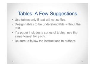 Tables: A Few Suggestions
• Use tables only if text will not suffice.
• Design tables to be understandable without the
text.
• If a paper includes a series of tables, use the
same format for each.
• Be sure to follow the instructions to authors.

 
