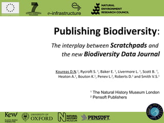 Publishing Biodiversity:
The interplay between Scratchpads and
    the new Biodiversity Data Journal

 Koureas D.N.1, Rycroft S. 1, Baker E. 1, Livermore L. 1, Scott B. 1,
  Heaton A.1, Bouton K.1, Penev L.2, Roberts D.1 and Smith V.S.1


                       1
                         The Natural History Museum London
                       2
                         Pensoft Publishers
 