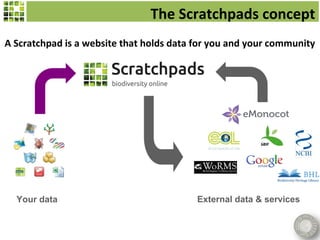The Scratchpads concept
A Scratchpad is a website that holds data for you and your community




  Your data                               External data & services
 