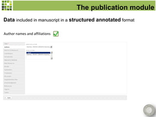 The publication module
Data included in manuscript in a structured annotated format

Author names and affiliations
 