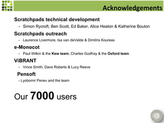 Acknowledgements
Scratchpads technical development
 - Simon Rycroft, Ben Scott, Ed Baker, Alice Heaton & Katherine Bouton
Scratchpads outreach
 - Laurence Livermore, Isa van deVelde & Dimitris Koureas

e-Monocot
 - Paul Wilkin & the Kew team, Charles Godfray & the Oxford team

ViBRANT
 - Vince Smith, Dave Roberts & Lucy Reeve

 Pensoft
 - Lyobomir Penev and the team



Our 7000 users
 