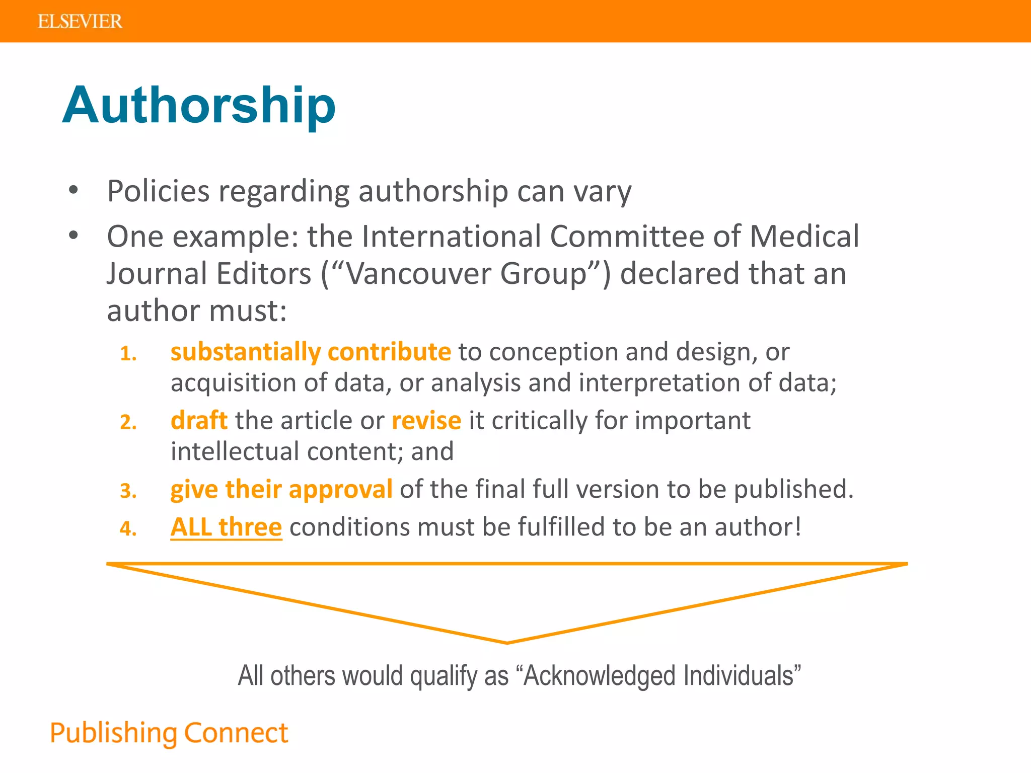 Authorship
• Policies regarding authorship can vary
• One example: the International Committee of Medical
Journal Editors (“Vancouver Group”) declared that an
author must:
1. substantially contribute to conception and design, or
acquisition of data, or analysis and interpretation of data;
2. draft the article or revise it critically for important
intellectual content; and
3. give their approval of the final full version to be published.
4. ALL three conditions must be fulfilled to be an author!
All others would qualify as “Acknowledged Individuals”
 