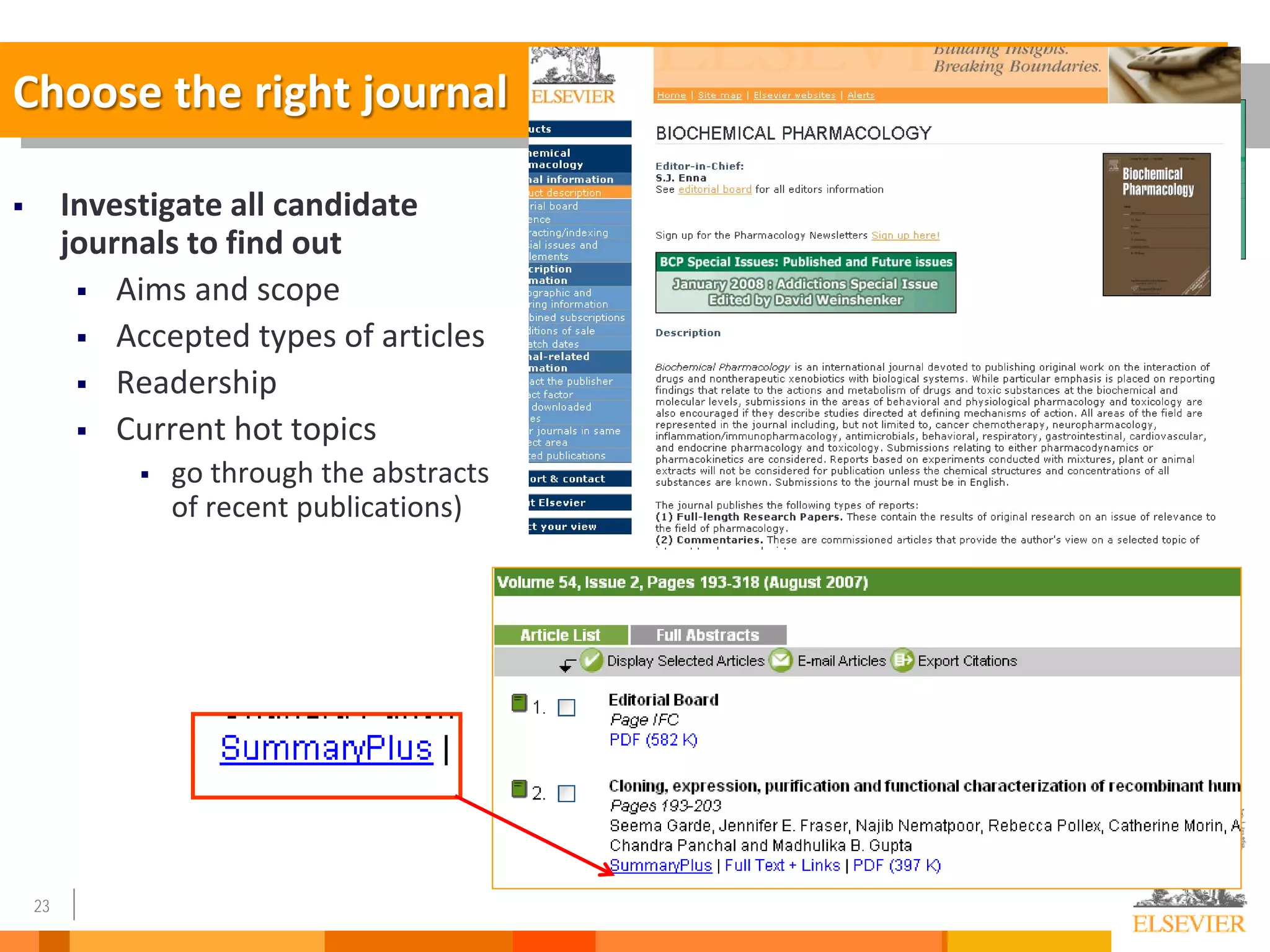 23
Choose the right journal
 Investigate all candidate
journals to find out
 Aims and scope
 Accepted types of articles
 Readership
 Current hot topics
 go through the abstracts
of recent publications)
 