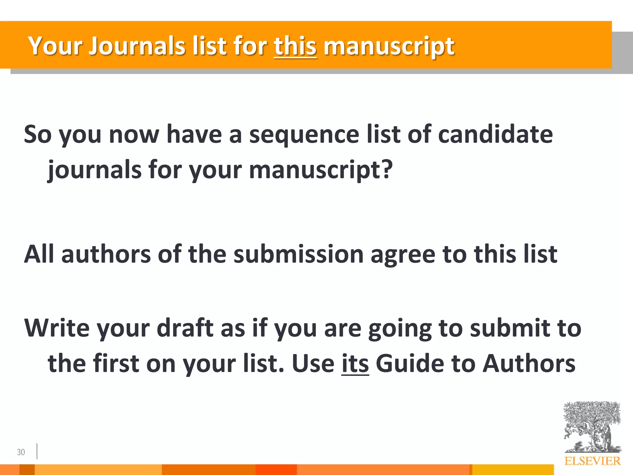 30
Your Journals list for this manuscript
So you now have a sequence list of candidate
journals for your manuscript?
All authors of the submission agree to this list
Write your draft as if you are going to submit to
the first on your list. Use its Guide to Authors
 