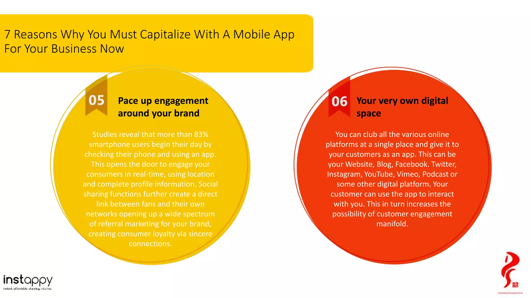 Pace up engagement
around your brand
Studies reveal that more than 83%
smartphone users begin their day by
checking their phone and using an app.
This opens the door to engage your
consumers in real-time, using location
and complete profile information. Social
sharing functions further create a direct
link between fans and their own
networks opening up a wide spectrum
of referral marketing for your brand,
creating consumer loyalty via sincere
connections.
Your very own digital
space
You can club all the various online
platforms at a single place and give it to
your customers as an app. This can be
your Website, Blog, Facebook. Twitter,
Instagram, YouTube, Vimeo, Podcast or
some other digital platform. Your
customer can use the app to interact
with you. This in turn increases the
possibility of customer engagement
manifold.
7 Reasons Why You Must Capitalize With A Mobile App
For Your Business Now
 