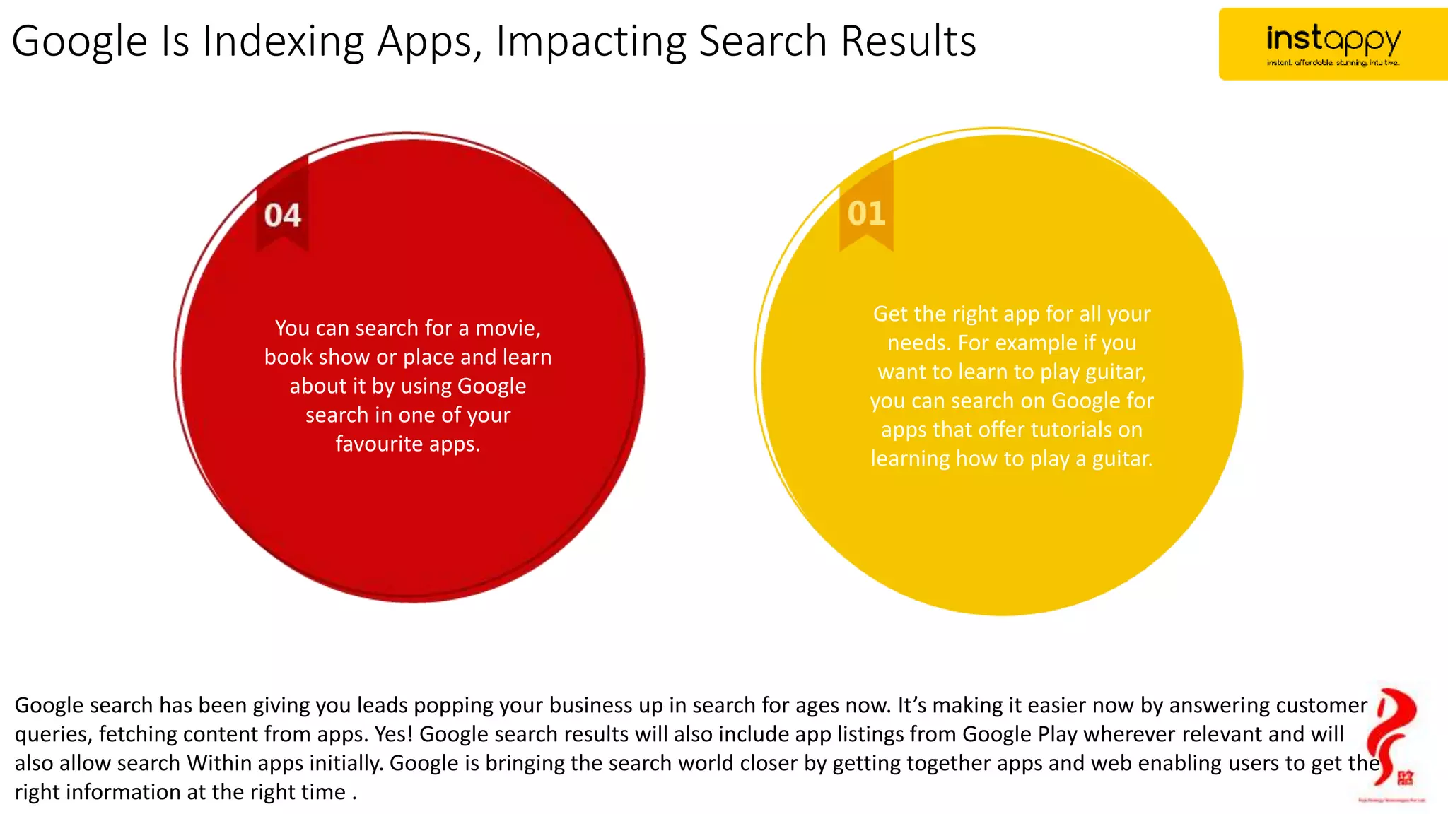 Google Is Indexing Apps, Impacting Search Results
Google search has been giving you leads popping your business up in search for ages now. It’s making it easier now by answering customer
queries, fetching content from apps. Yes! Google search results will also include app listings from Google Play wherever relevant and will
also allow search Within apps initially. Google is bringing the search world closer by getting together apps and web enabling users to get the
right information at the right time .
You can search for a movie,
book show or place and learn
about it by using Google
search in one of your
favourite apps.
Get the right app for all your
needs. For example if you
want to learn to play guitar,
you can search on Google for
apps that offer tutorials on
learning how to play a guitar.
 