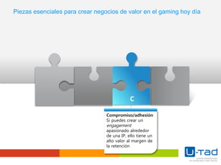 C
Compromiso/adhesión
Si puedes crear un
engagement
apasionado alrededor
de una IP, ello tiene un
alto valor al margen de
la retención
Piezas esenciales para crear negocios de valor en el gaming hoy día
 