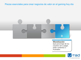 Monetización
Qué porcentaje de tus
usuarios van a pagar,
estén contentos o
frustrados
D
Piezas esenciales para crear negocios de valor en el gaming hoy día
 