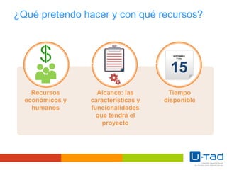 ¿Qué pretendo hacer y con qué recursos?
215
SEPTEMBER
Friday
Recursos
económicos y
humanos
Alcance: las
características y
funcionalidades
que tendrá el
proyecto
Tiempo
disponible
 