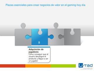 B
Adquisición de
jugadores
Cómo conseguir que el
usuario descargue el
producto y llegue a ser
un jugador
Piezas esenciales para crear negocios de valor en el gaming hoy día
 
