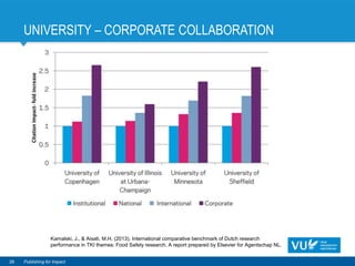 UNIVERSITY – CORPORATE COLLABORATION
26 Publishing for Impact
Kamalski, J., & Aisati, M.H. (2013). International comparative benchmark of Dutch research
performance in TKI themes: Food Safety research. A report prepared by Elsevier for Agentschap NL.
 