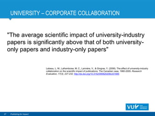 UNIVERSITY – CORPORATE COLLABORATION
27 Publishing for Impact
"The average scientific impact of university-industry
papers is significantly above that of both university-
only papers and industry-only papers"
Lebeau, L. M., Laframboise, M. C., Larivière, V., & Gingras, Y. (2008). The effect of university-industry
collaboration on the scientific impact of publications: The Canadian case, 1980-2005. Research
Evaluation, 17(3), 227-232. http://dx.doi.org/10.3152/095820208x331685
 