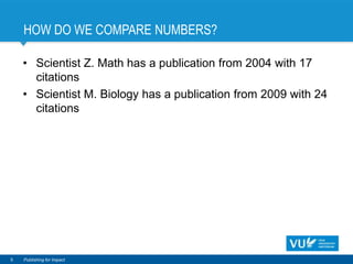 HOW DO WE COMPARE NUMBERS?
• Scientist Z. Math has a publication from 2004 with 17
citations
• Scientist M. Biology has a publication from 2009 with 24
citations
5 Publishing for Impact
 