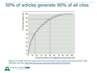 50% of articles generate 90% of all cites




 Seglen, P. O. (1997). Why the impact factor of journals should not be used for evaluating research. BMJ
 314(7079): 497-502. http://bmj.bmjjournals.com/cgi/content/full/314/7079/497
 