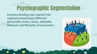 Psychographic Segmentation
Involves dividing your market into
segments based upon different
personality traits, values, attitudes,
interests and lifestyles of consumers.
 