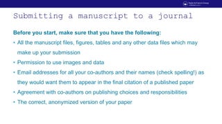 Submitting a manuscript to a journal
Before you start, make sure that you have the following:
• All the manuscript files, ...