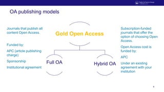 OA publishing models
8
Gold Open Access
Full OA Hybrid OA
Journals that publish all
content Open Access.
Funded by:
APC (a...