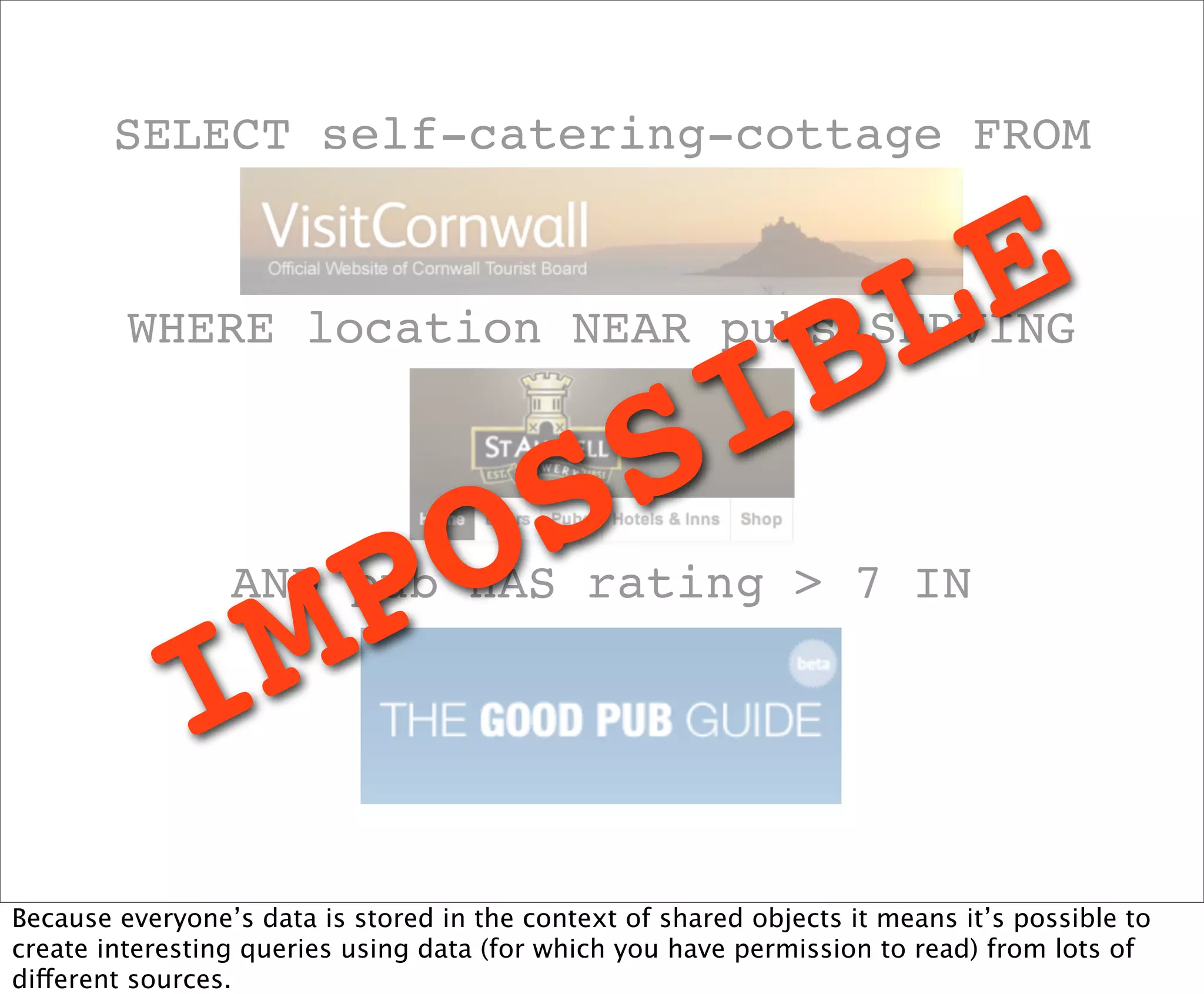 SELECT self-catering-cottage FROM



                                                                       L E
         WHERE location NEAR pubs SERVING

                                                         I B
                                          S S
                            P O
                 AND pub HAS rating > 7 IN

             I M
Because everyone’s data is stored in the context of shared objects it means it’s possible to
create interesting queries using data (for which you have permission to read) from lots of
different sources.
 