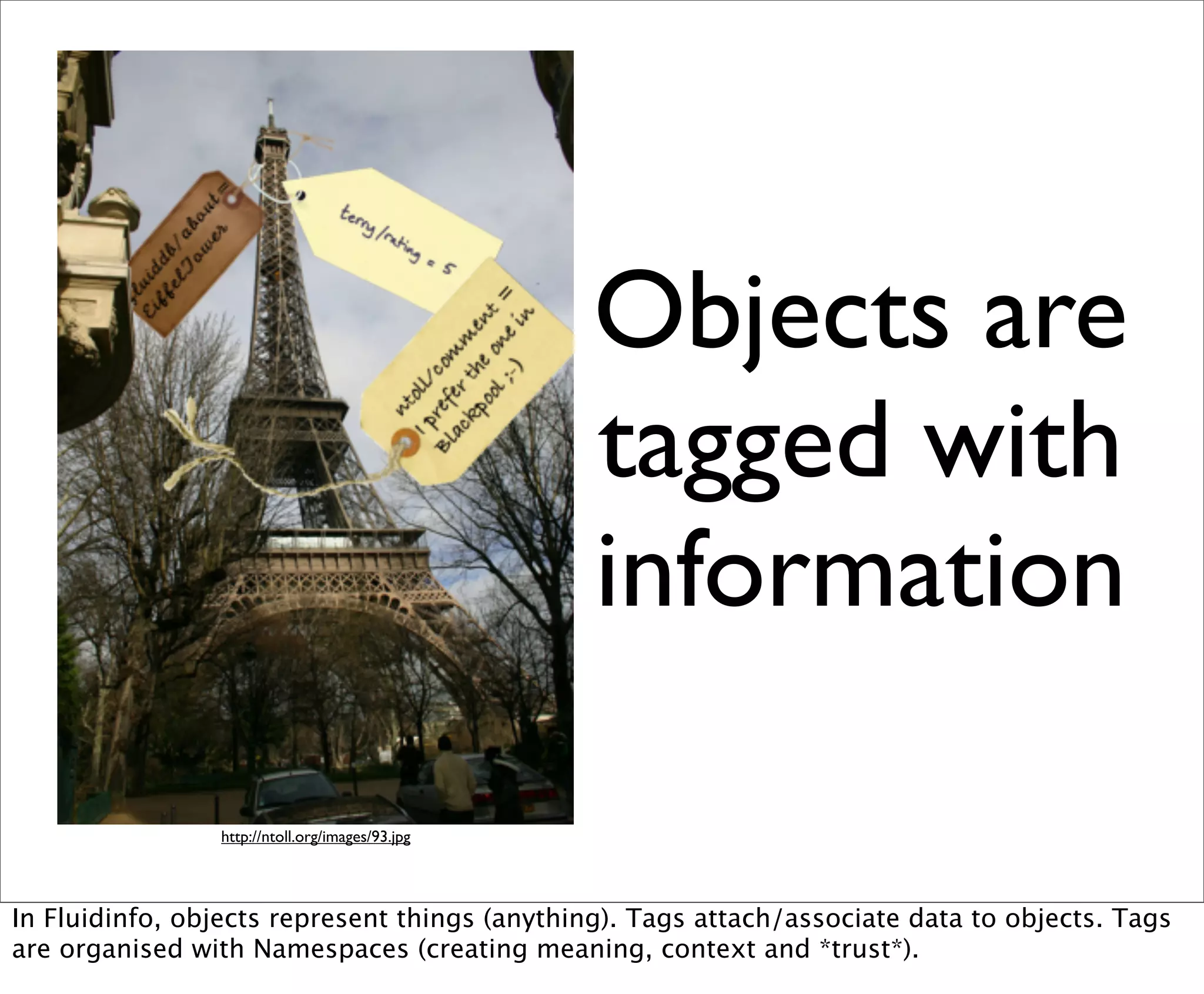 Objects are
                                                 tagged with
                                                 information

                http://ntoll.org/images/93.jpg




In Fluidinfo, objects represent things (anything). Tags attach/associate data to objects. Tags
are organised with Namespaces (creating meaning, context and *trust*).
 