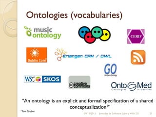 Ontologies (vocabularies)




“An ontology is an explicit and formal specification of a shared
                      conceptualization1“
1Tom   Gruber
                              09/11/2011   Jornadas de Software Libre y Web 2.0   20
 