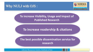 Library Resources Centre, Institute of law
•
To increase Visibility, Usage and Impact of
Published Research
To increase readership & citations
The best possible dissemination service for
research
 