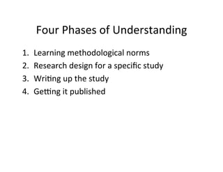 Four	
  Phases	
  of	
  Understanding	
  
1.  Learning	
  methodological	
  norms	
  
2.  Research	
  design	
  for	
  a	
  speciﬁc	
  study	
  
3.  Wri.ng	
  up	
  the	
  study	
  
4.  Geang	
  it	
  published	
  
 