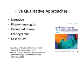 Five	
  Qualita.ve	
  Approaches	
  
•  Narra.ve	
  
•  Phenomenological	
  
•  Grounded	
  theory	
  
•  Ethnographic	
  
•  Case	
  study	
  
Creswell	
  and	
  Poth,	
  Qualita+ve	
  Inquiry	
  and	
  
Research	
  Design	
  4e,	
  Sage,	
  2017	
  
Goulding,	
  "Grounded	
  theory,	
  ethnography	
  and	
  
phenomenology,"	
  European	
  Journal	
  of	
  
Marke+ng,	
  2005	
  
	
  
 