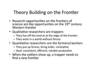 Theory	
  Building	
  on	
  the	
  Fron.er	
  
•  Research	
  opportuni.es	
  on	
  the	
  fron.ers	
  of	
  
science	
  are	
  like	
  opportuni.es	
  on	
  the	
  19th	
  century	
  
Western	
  fron.er	
  
•  Qualita.ve	
  researchers	
  are	
  trappers	
  
–  They	
  live	
  oﬀ	
  the	
  land	
  at	
  at	
  the	
  edge	
  of	
  the	
  fron.er	
  
–  They	
  work	
  in	
  a	
  world	
  without	
  fences	
  
•  Quan.a.ve	
  researchers	
  are	
  the	
  farmers/ranchers	
  
–  They	
  put	
  up	
  fences,	
  bring	
  order,	
  civiliza.on	
  
–  Goal:	
  consistent,	
  eﬃcient,	
  reliable	
  produc.on	
  
•  When	
  the	
  seYlers	
  show	
  up,	
  a	
  trapper	
  needs	
  to	
  
ﬁnd	
  a	
  new	
  fron.er	
  
 