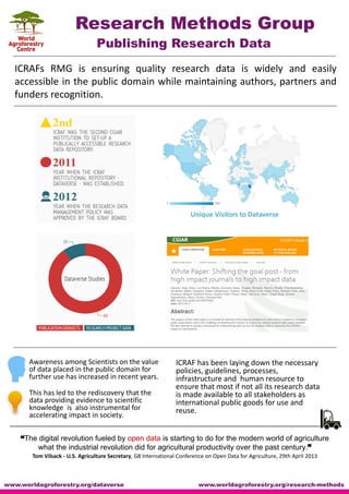 ICRAF has been laying down the necessary
policies, guidelines, processes,
infrastructure and human resource to
ensure that most if not all its research data
is made available to all stakeholders as
international public goods for use and
reuse.
“The digital revolution fueled by open data is starting to do for the modern world of agriculture
what the industrial revolution did for agricultural productivity over the past century.”
Tom Vilsack - U.S. Agriculture Secretary, G8 International Conference on Open Data for Agriculture, 29th April 2013
Publishing Research Data
Unique Visitors to Dataverse
Research Methods Group
ICRAFs RMG is ensuring quality research data is widely and easily
accessible in the public domain while maintaining authors, partners and
funders recognition.
Awareness among Scientists on the value
of data placed in the public domain for
further use has increased in recent years.
This has led to the rediscovery that the
data providing evidence to scientific
knowledge is also instrumental for
accelerating impact in society.
www.worldagroforestry.org/research-methodswww.worldagroforestry.org/dataverse
 