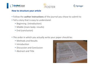 How to structure your article 
• Follow the author instructions of the journal you chose to submit to 
• Tell a story that is easy to understand: 
• Beginning (introduction) 
• Middle (main body: results) 
• End (conclusion) 
• The order in which you actually write your paper should be: 
• Methods and Results 
• Introduction 
• Discussion and Conclusion 
• Abstract and Title 
 