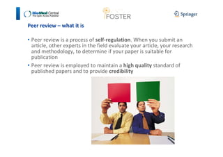 Peer review – what it is 
• Peer review is a process of self-regulation. When you submit an 
article, other experts in the field evaluate your article, your research 
and methodology, to determine if your paper is suitable for 
publication 
• Peer review is employed to maintain a high quality standard of 
published papers and to provide credibility 
 