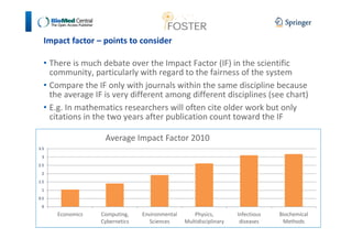 Impact factor – points to consider 
• There is much debate over the Impact Factor (IF) in the scientific 
community, particularly with regard to the fairness of the system 
• Compare the IF only with journals within the same discipline because 
the average IF is very different among different disciplines (see chart) 
• E.g. In mathematics researchers will often cite older work but only 
citations in the two years after publication count toward the IF 
3.5 
3 
2.5 
2 
1.5 
1 
0.5 
0 
Economics Computing, 
Cybernetics 
Environmental 
Sciences 
Physics, 
Multidisciplinary 
Infectious 
diseases 
Biochemical 
Methods 
Average Impact Factor 2010 
 