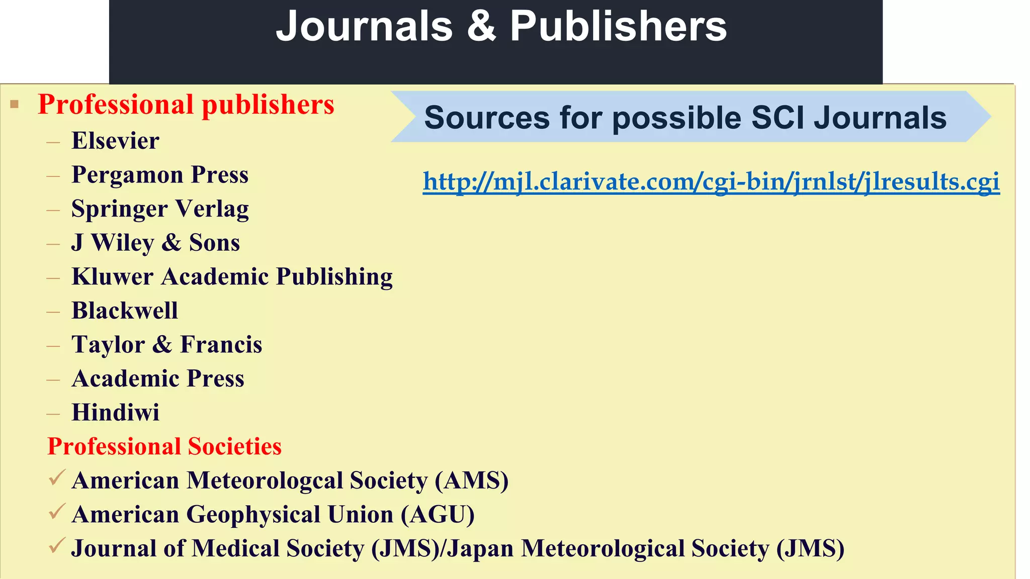  Professional publishers
– Elsevier
– Pergamon Press
– Springer Verlag
– J Wiley & Sons
– Kluwer Academic Publishing
– Blackwell
– Taylor & Francis
– Academic Press
– Hindiwi
Professional Societies
 American Meteorologcal Society (AMS)
 American Geophysical Union (AGU)
 Journal of Medical Society (JMS)/Japan Meteorological Society (JMS)
Journals & Publishers
http://mjl.clarivate.com/cgi-bin/jrnlst/jlresults.cgi
Sources for possible SCI Journals
 